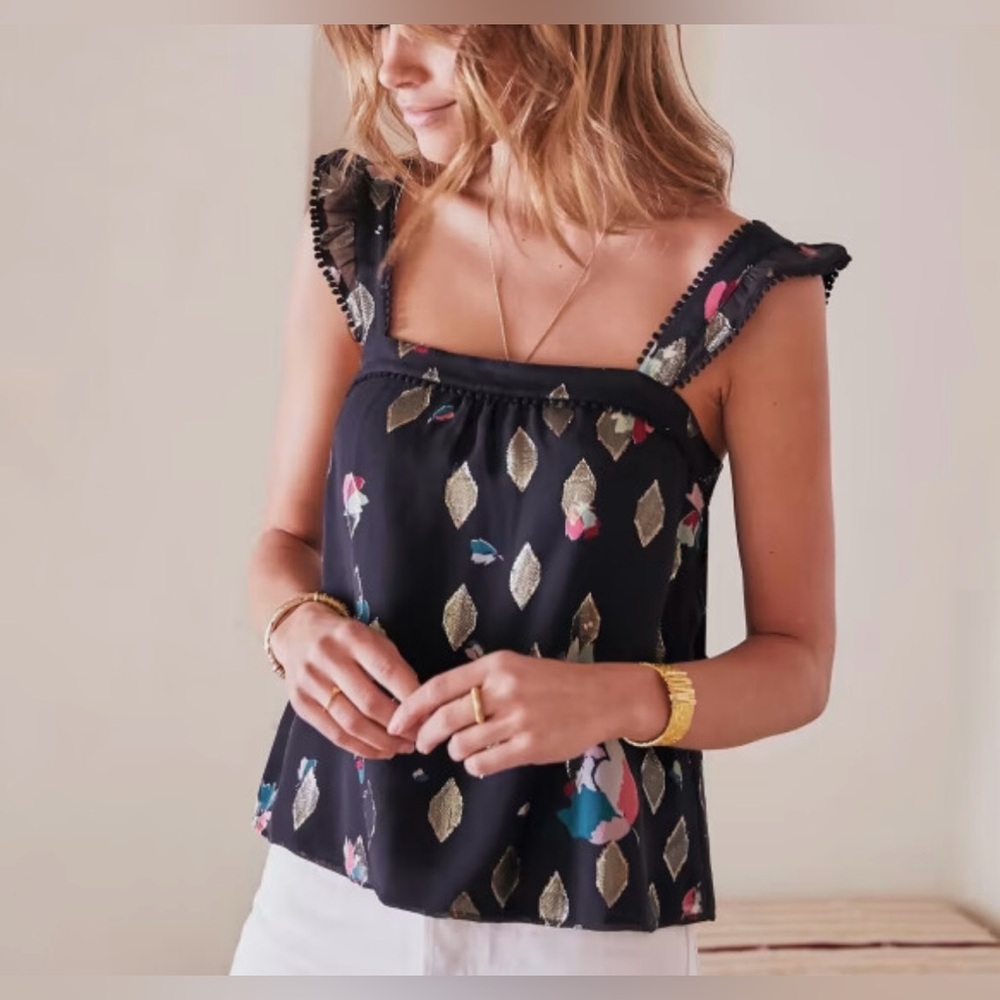 Sezane Abby Blouse in Black Gold Shimmer Floral Print